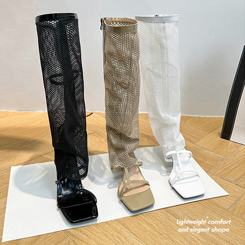 Breathable Mesh Knee High Stiletto Sandal Boots