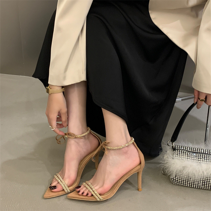 Rhinestone Tie Point Toe Ankle Heels