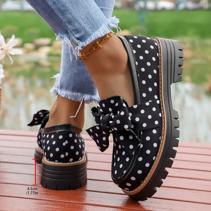 Women Polka Dot Bow Chunky Sole Platform Loafer