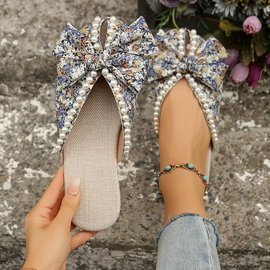 Floral Pearl Bow Open Toe Flat Slides