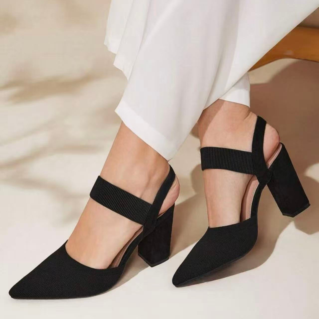 Pointed Toe Elastic Strap Block Heels