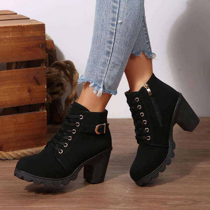 Side Zipper Buckle Strap Block Heel Ankle Boots
