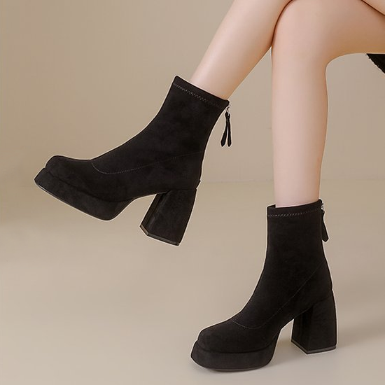 Platform Block Heel Back Zip Ankle Boots