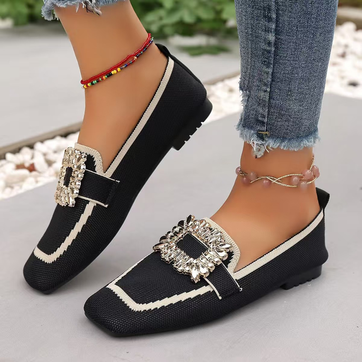 Rhinestone Buckle Knit Loafer Flats