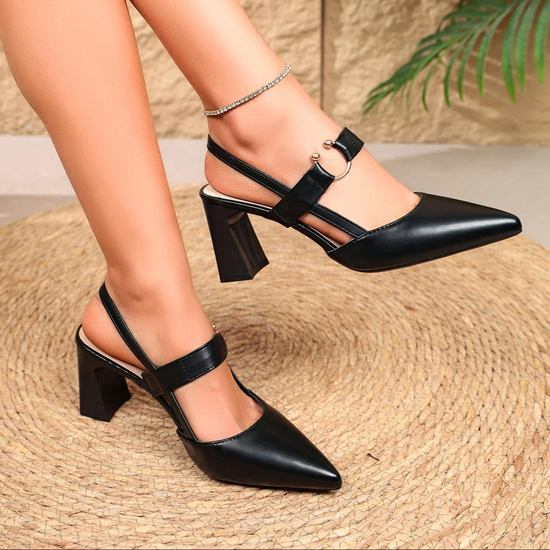 Pointed-toe chunky heels low-cut high heels