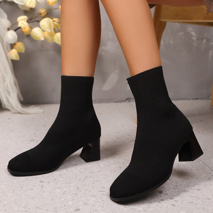 Knitted chunky heel mid-calf sock boots