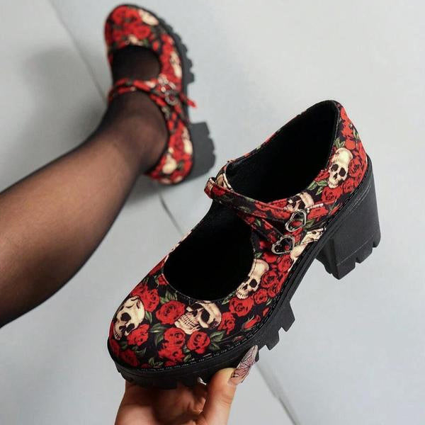 Skull and floral print high-heeled shoes