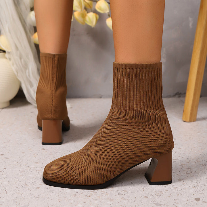Knitted chunky heel mid-calf sock boots