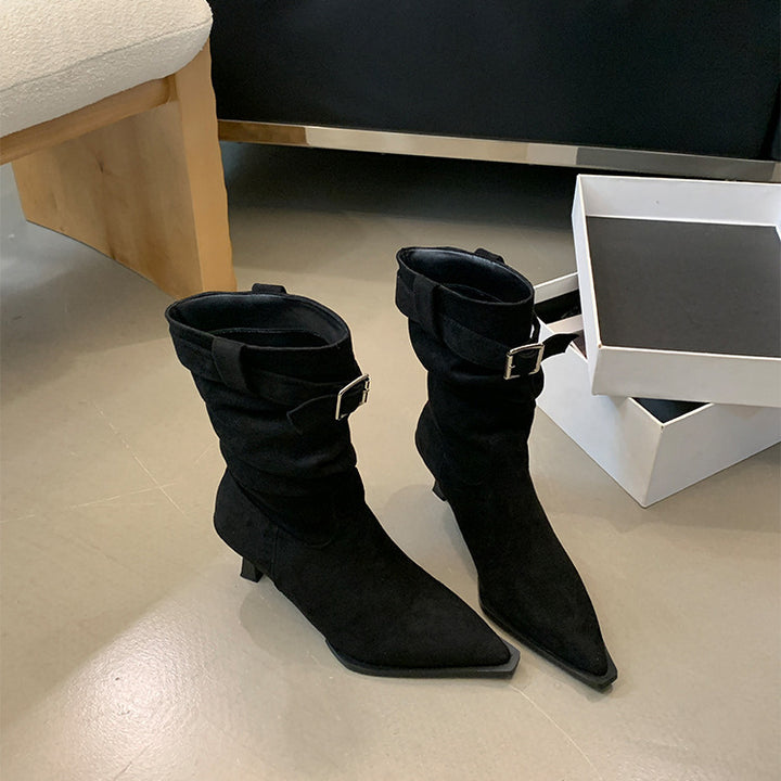 Pointed-toe stiletto boots with buckle