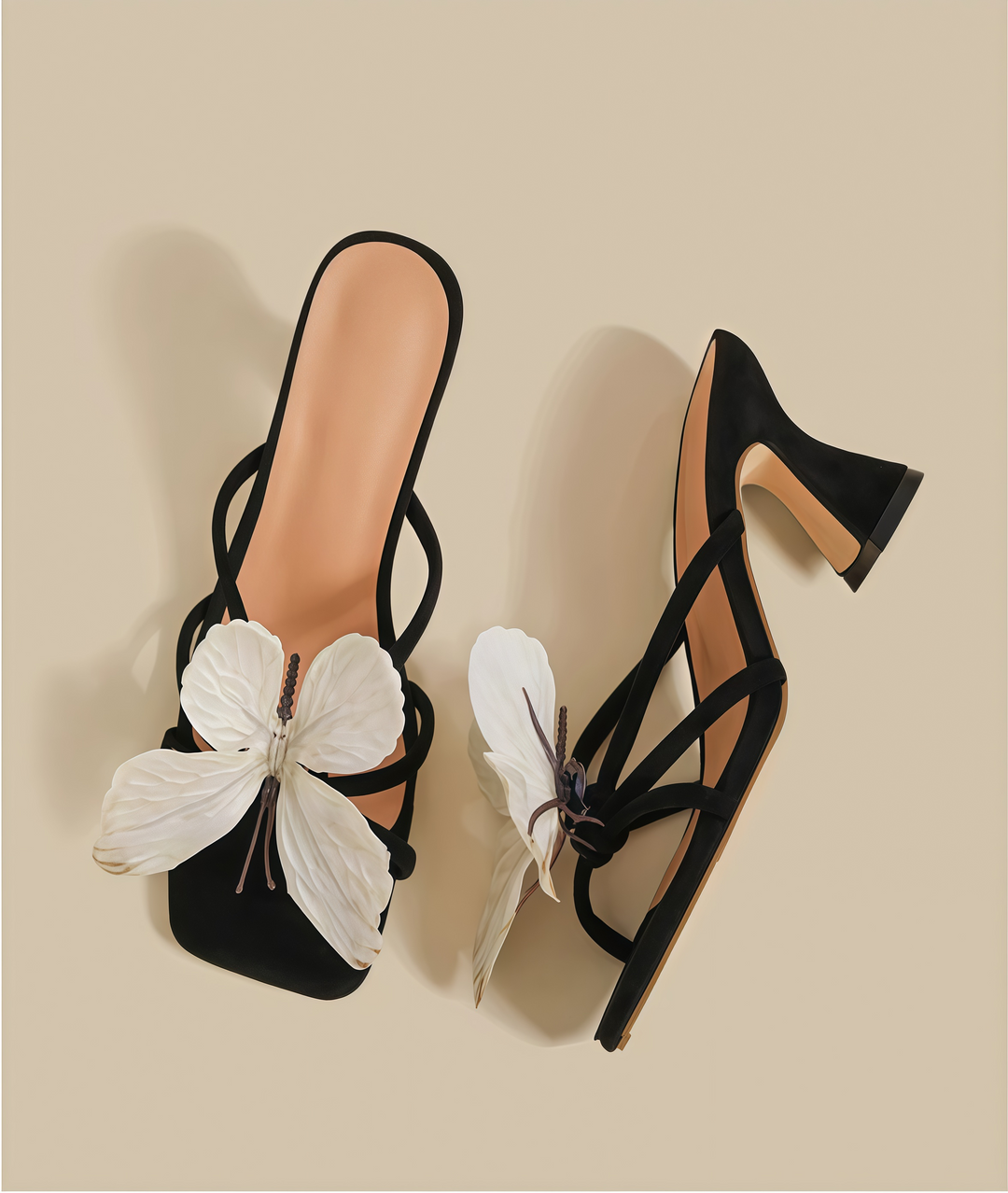 Butterfly-decorated high-heeled sandals