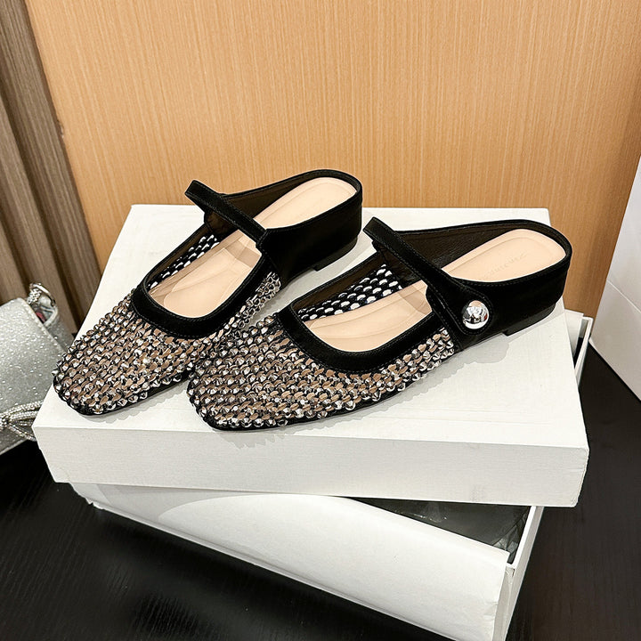 Square-toe openwork woven flat women&