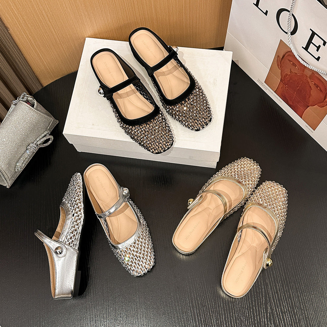 Square-toe openwork woven flat women&
