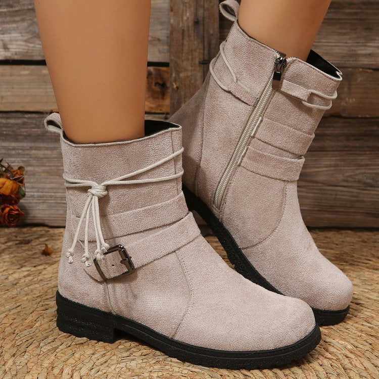 Buckled square-heeled round-toe mid-calf boots