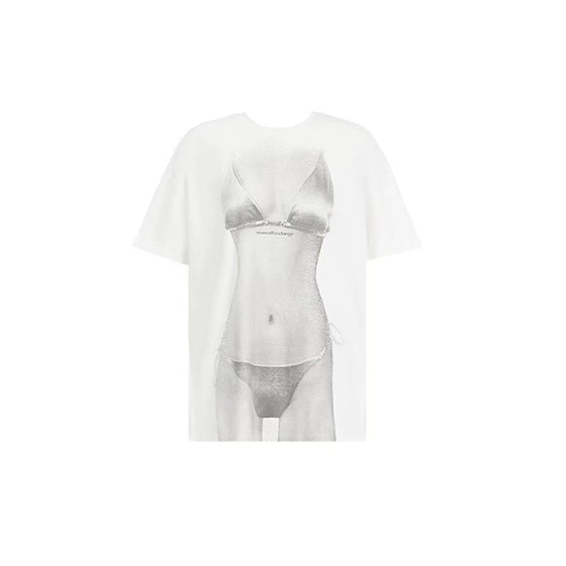 White T-shirt with 3D print and see-through effect