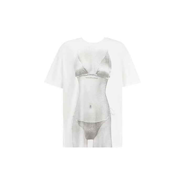 White T-shirt with 3D print and see-through effect