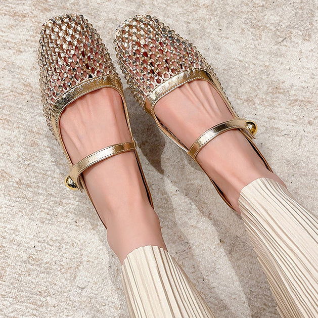 Square-toe openwork woven flat women&