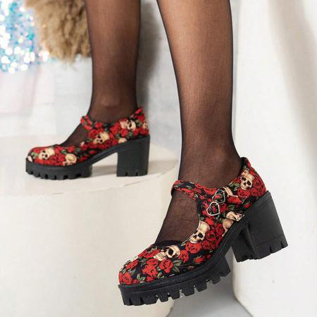 Skull and floral print high-heeled shoes