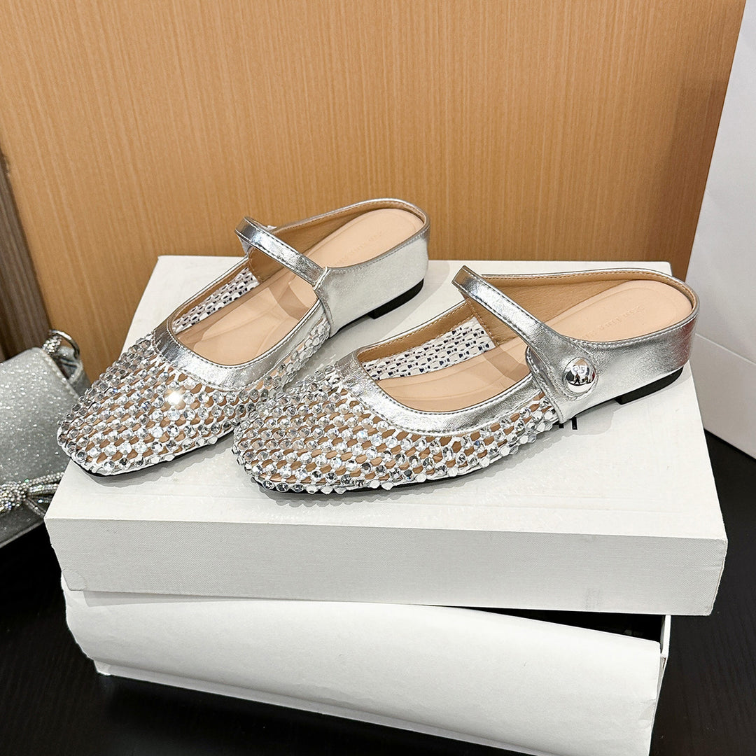 Square-toe openwork woven flat women&