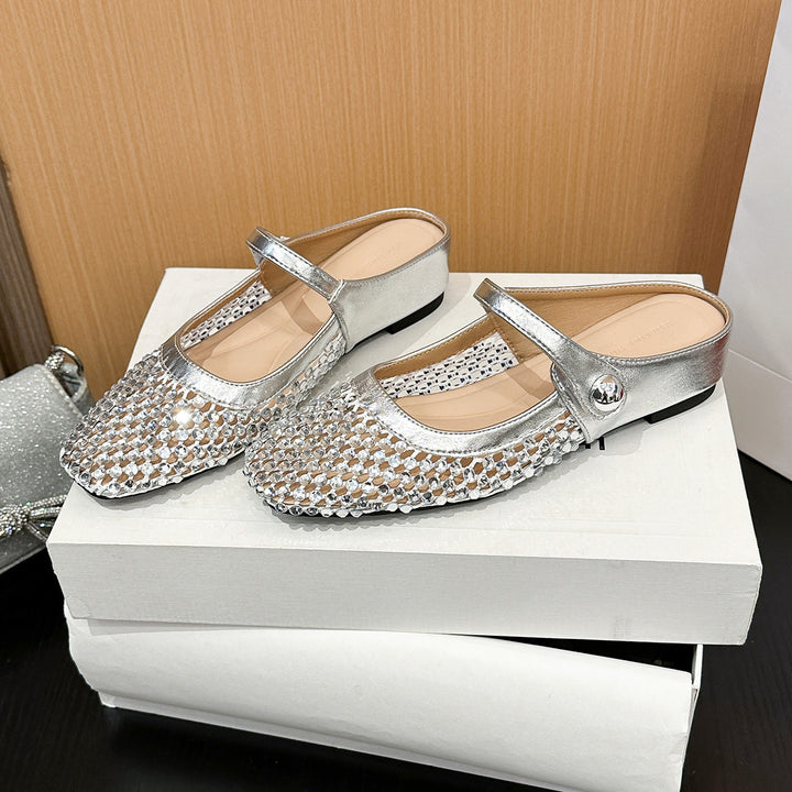 Square-toe openwork woven flat women&