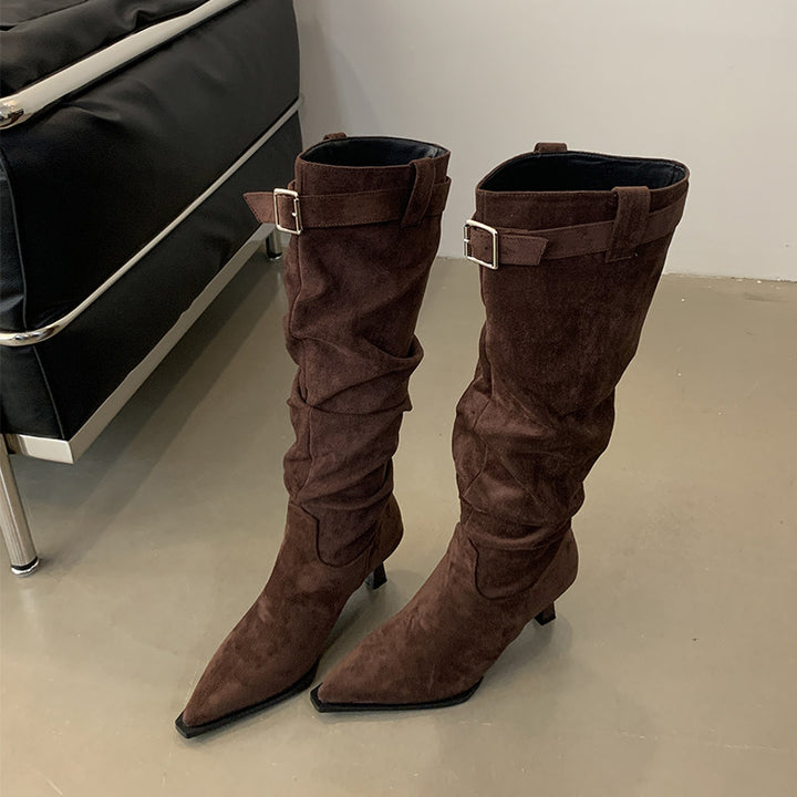 Pointed-toe stiletto boots with buckle