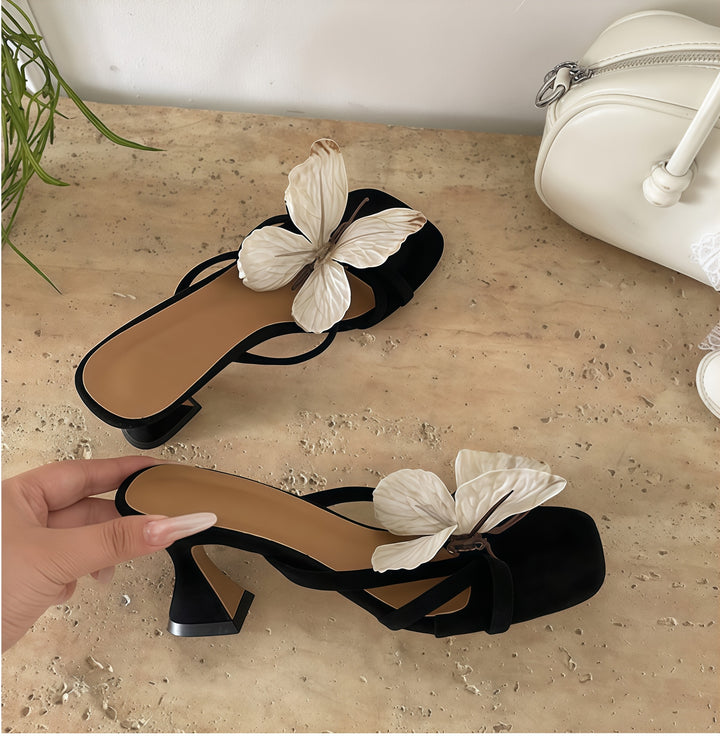 Butterfly-decorated high-heeled sandals