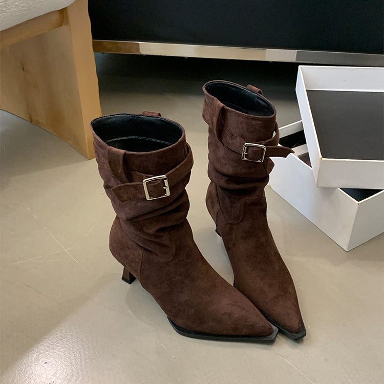 Pointed-toe stiletto boots with buckle