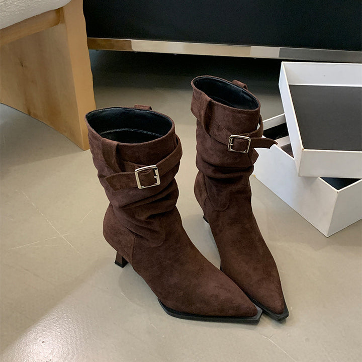 Pointed-toe stiletto boots with buckle