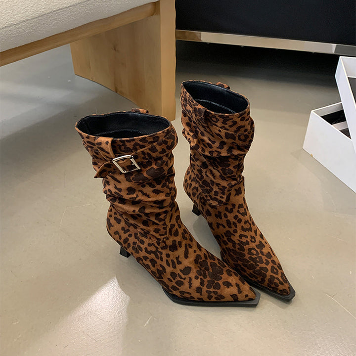 Pointed-toe stiletto boots with buckle