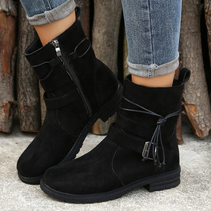 Buckled square-heeled round-toe mid-calf boots
