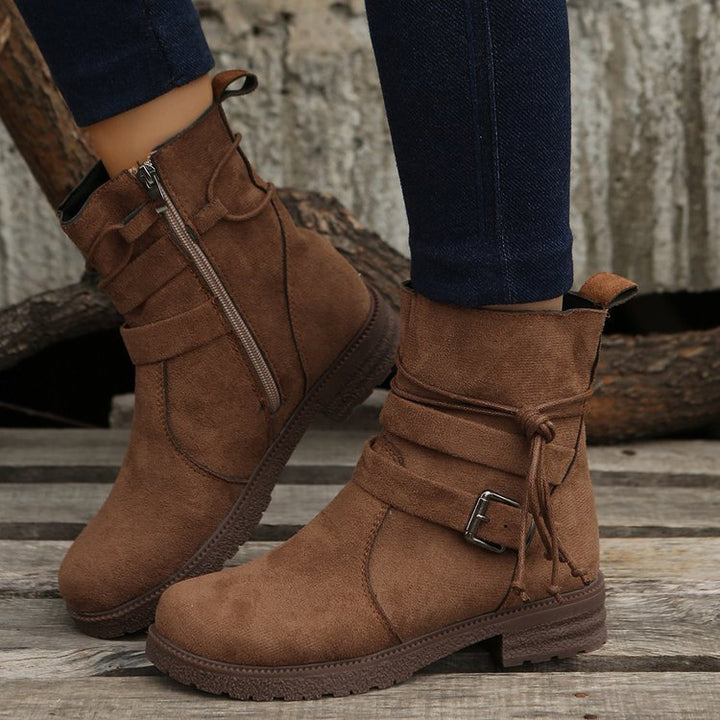 Buckled square-heeled round-toe mid-calf boots