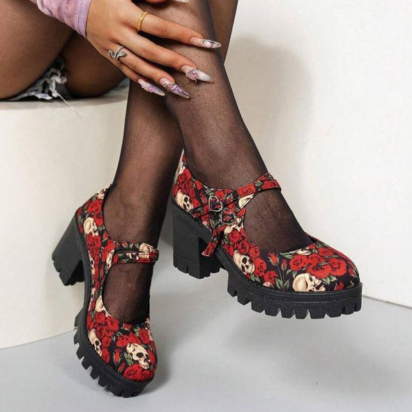 Skull and floral print high-heeled shoes