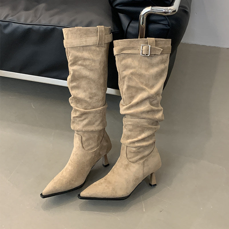 Pointed-toe stiletto boots with buckle