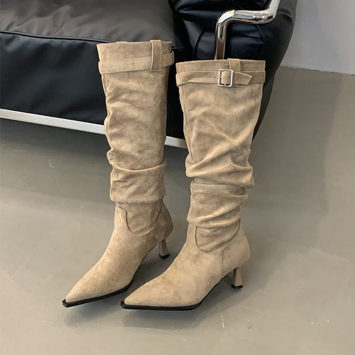 Pointed-toe stiletto boots with buckle