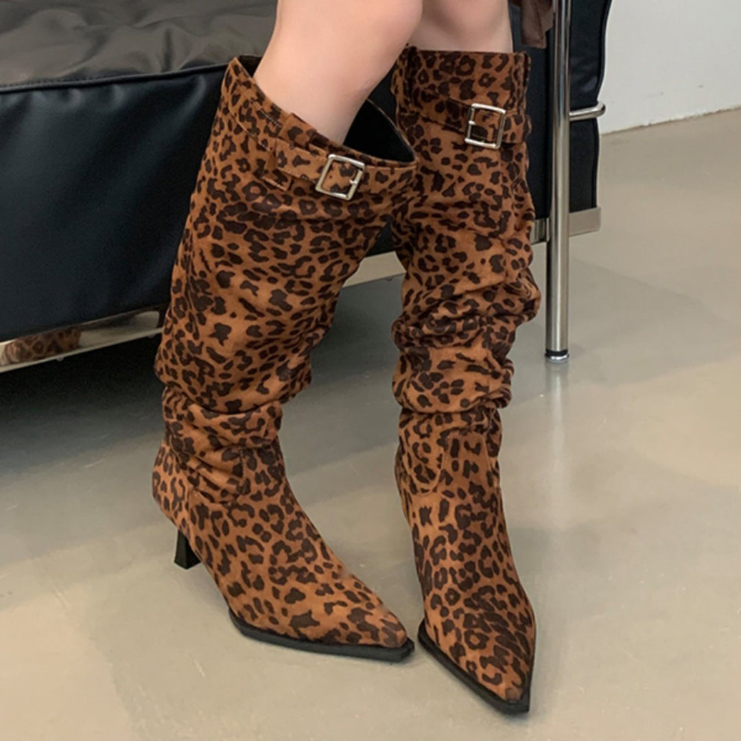 Pointed-toe stiletto boots with buckle