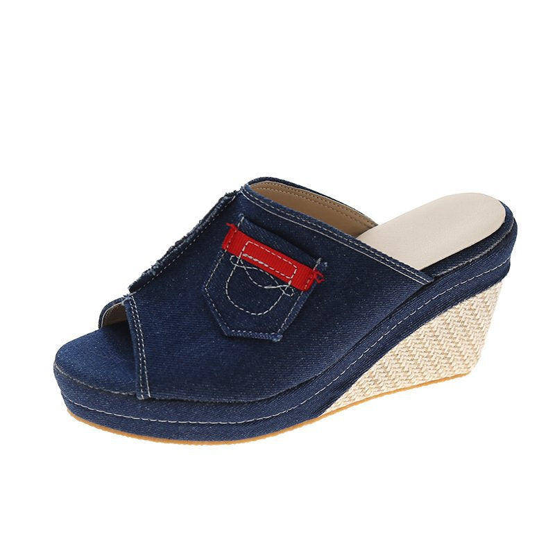 Denim Open-Toe Wedge Sandals