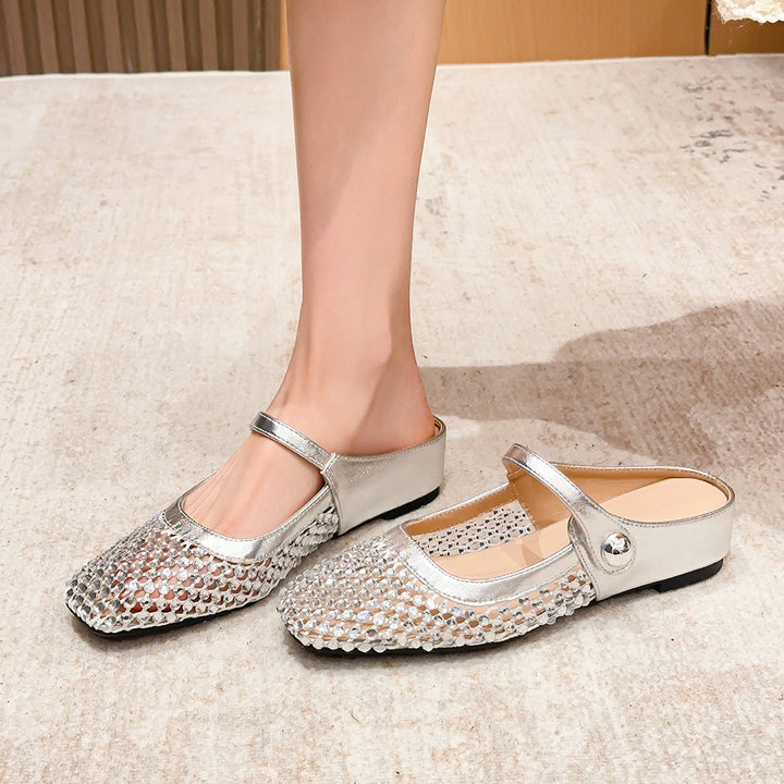 Square-toe openwork woven flat women&