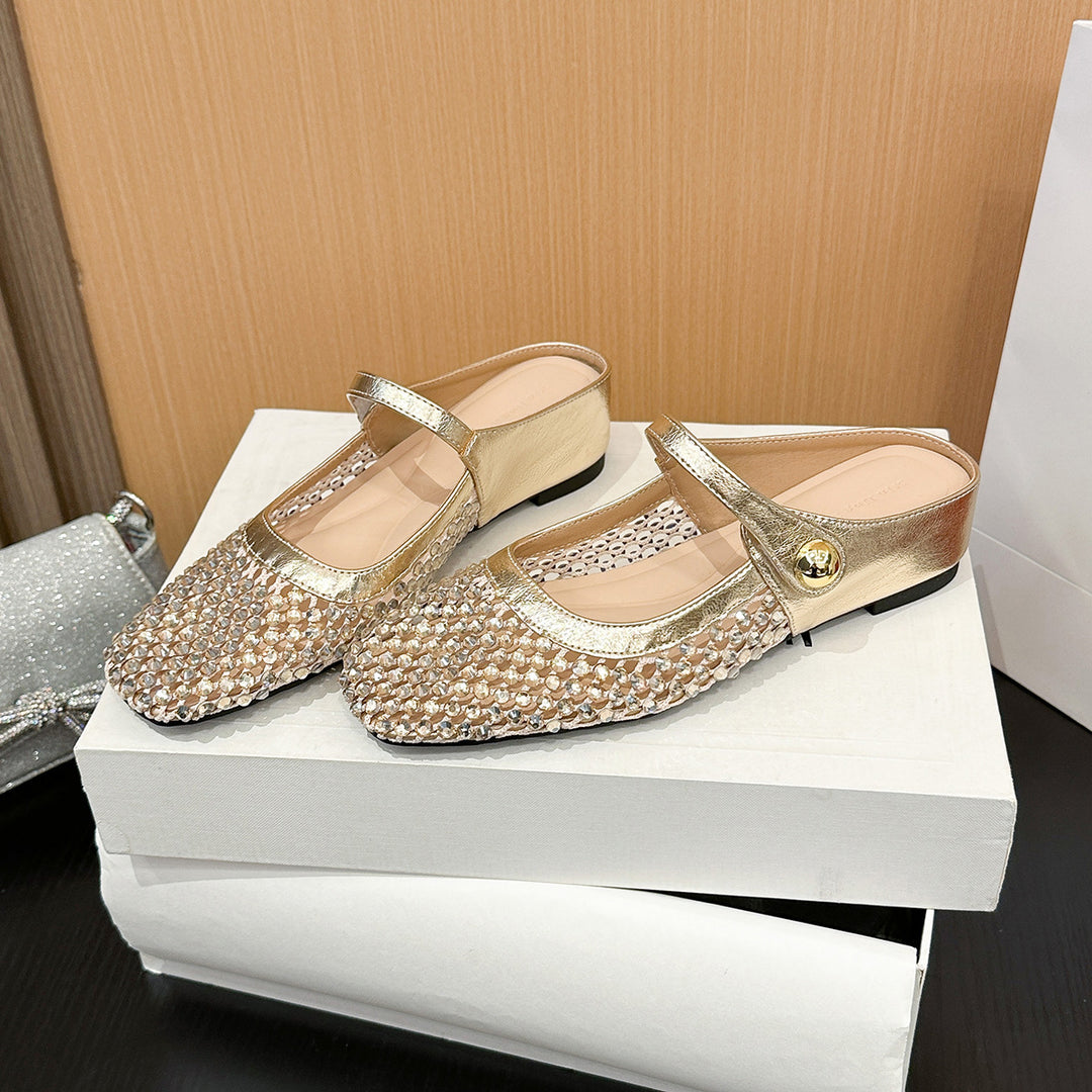 Square-toe openwork woven flat women&