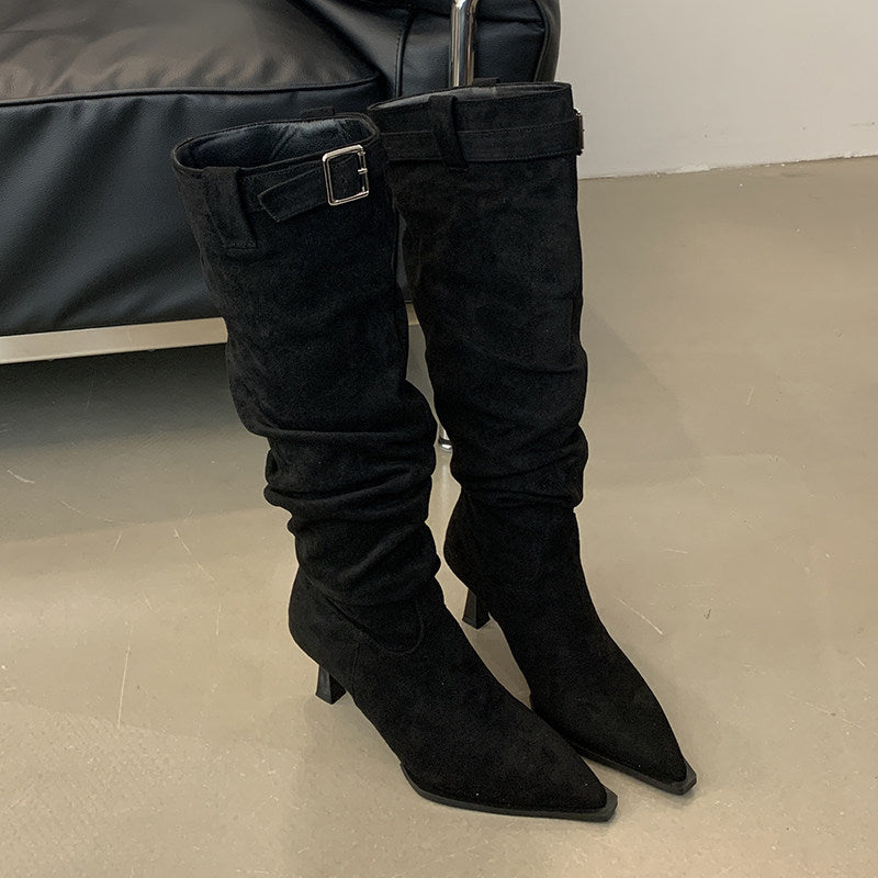 Pointed-toe stiletto boots with buckle