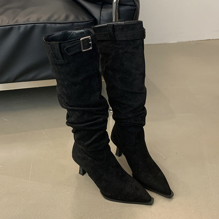 Pointed-toe stiletto boots with buckle