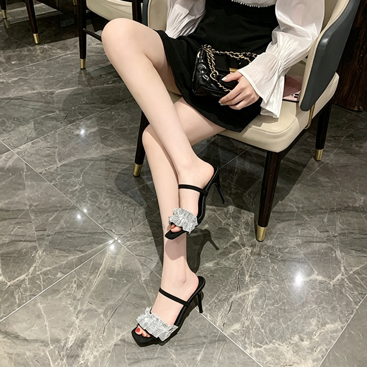 Rhinestone Ruffle Stiletto Heel Slide Sandals