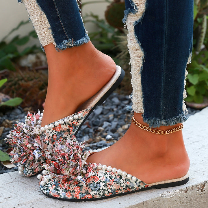 Flat Mules with Pearl and Floral Print