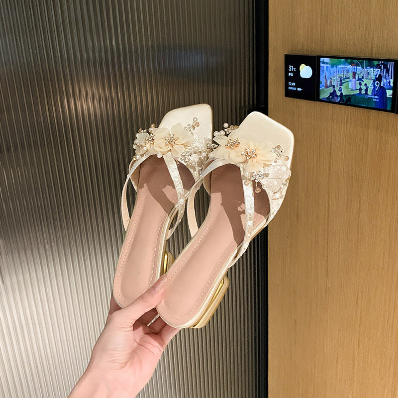 Camellia Square-Toe Low-Heel Sandals