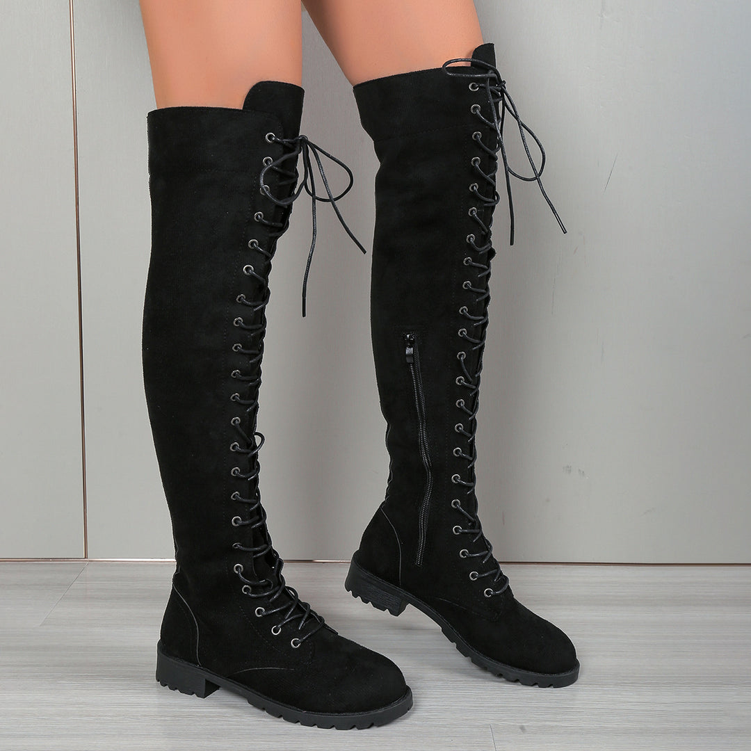 Round Toe Lace‑Up Side Zip Long Boots