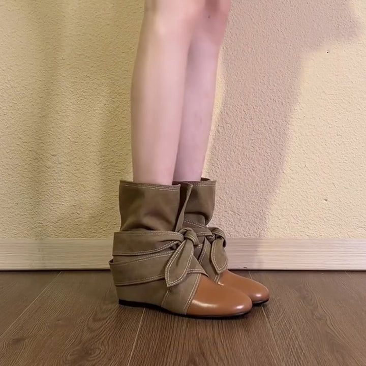 Retro Round Toe Leather Bow Tie Wrap Short Booties