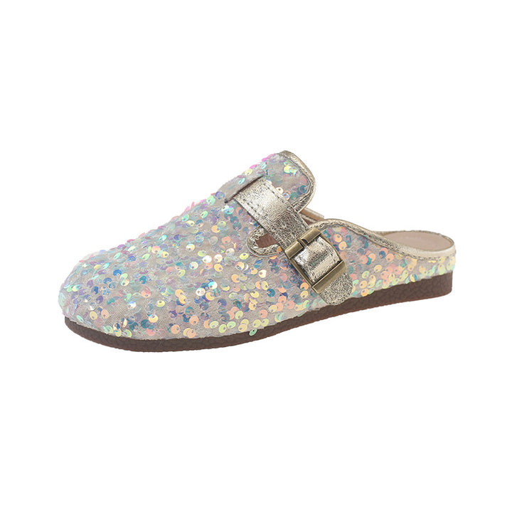 Flat-bottomed sequined half-length slippers