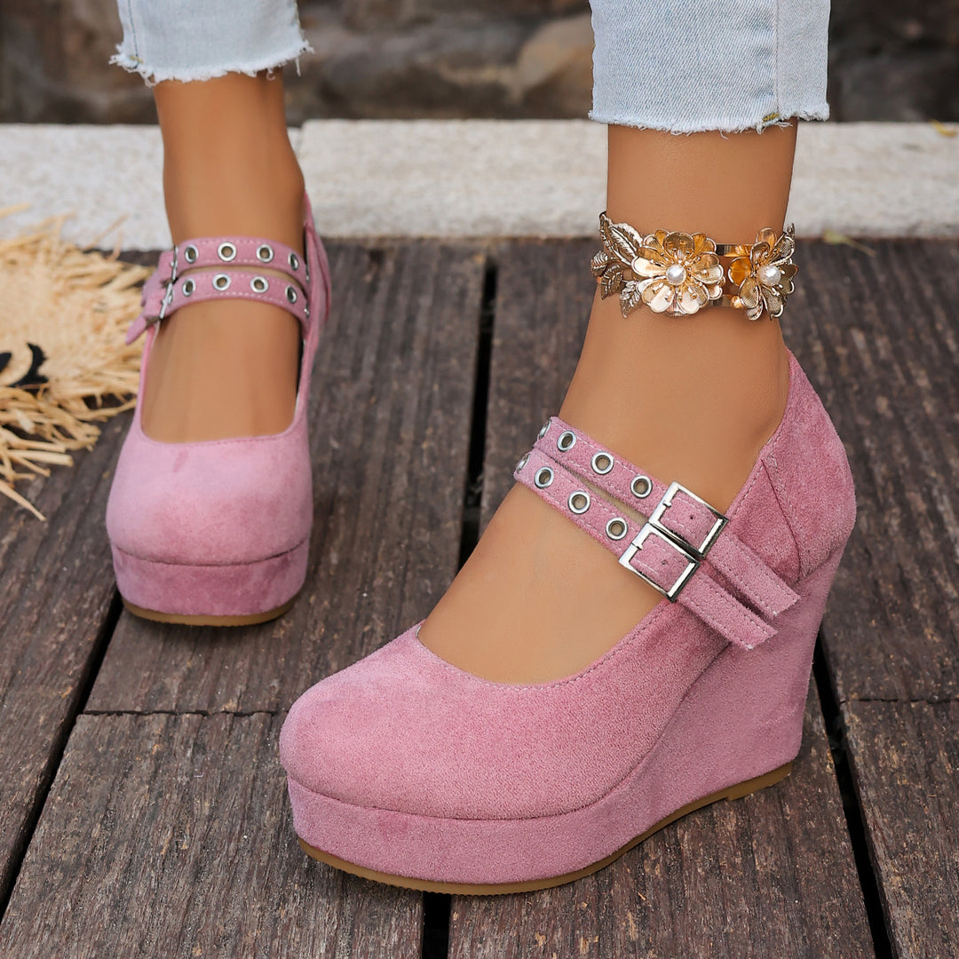 Wedge shoes with metal heart clasp