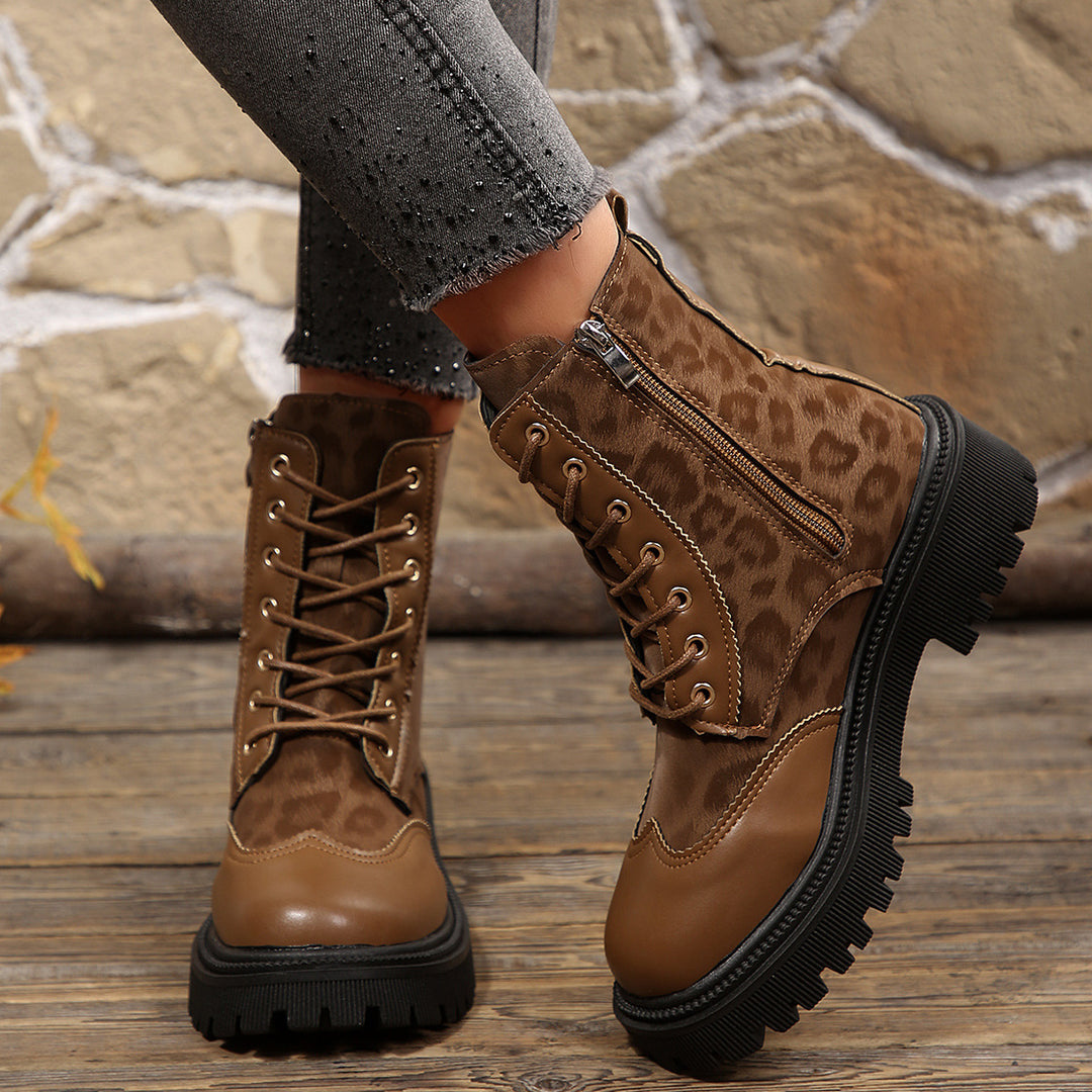 Leopard-print British-style combat boots
