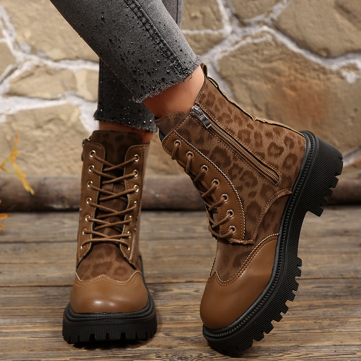 Leopard-print British-style combat boots