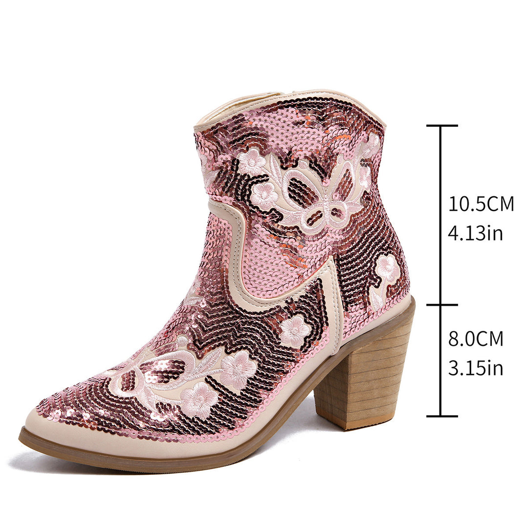 Sequin Pointed Toe Heeled Boots