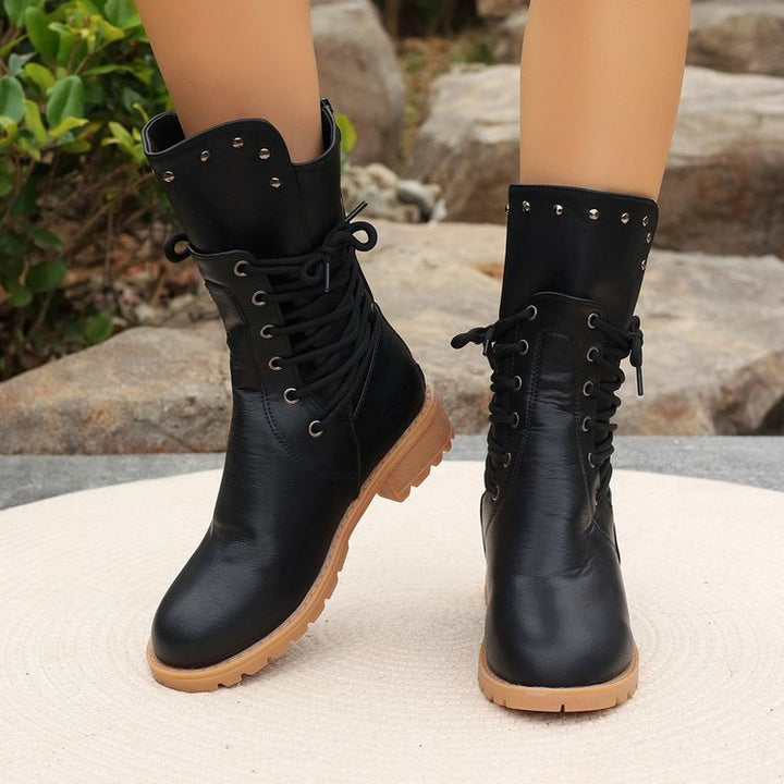 Womens Studded Lace‑Up Moto Mid Calf Boots